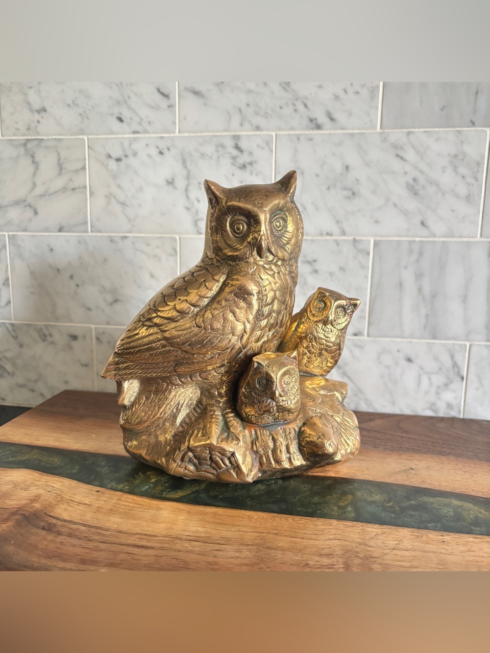 Vintage Mid Century 7” Brass Owl Family Figurine Statue